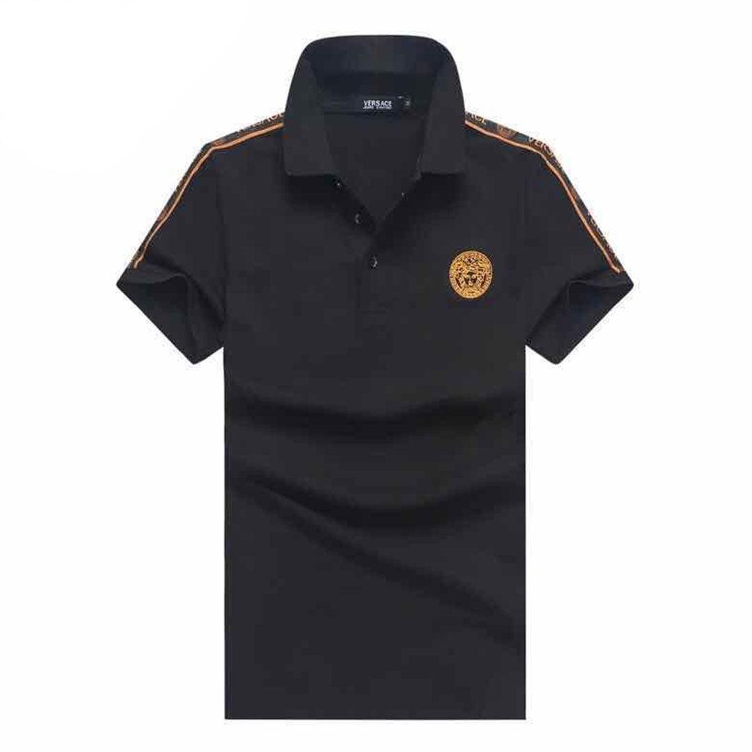 Vers Medusa Embroidered Cotton Polo Shirt-Black - Obeezi