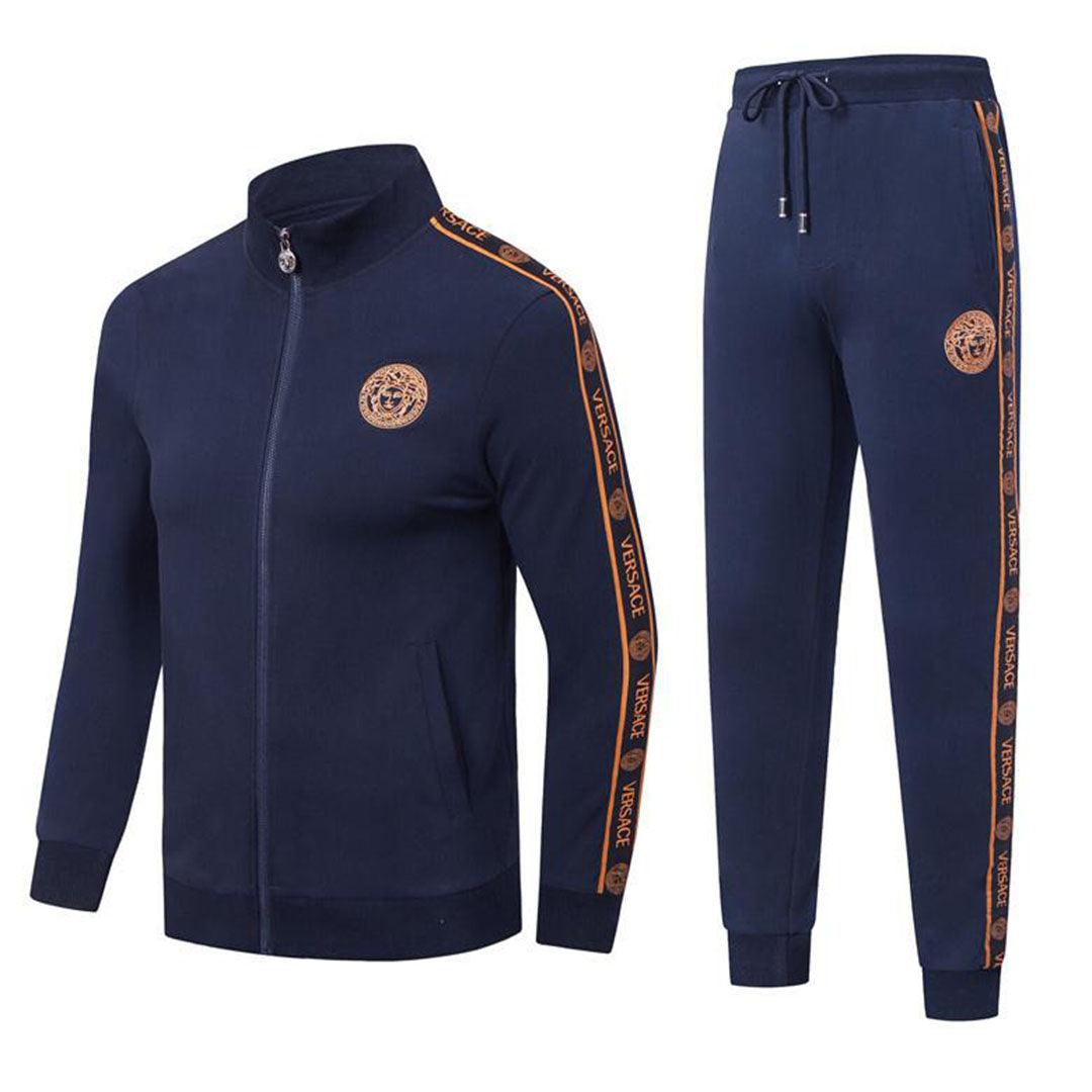 Versace Front Logo Tracksuit Long Sleeved Zipper-Navy Blue - Obeezi