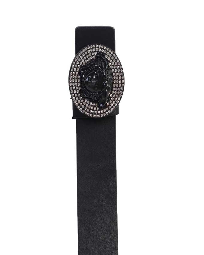 Versace inspired Genuine Leather Unisex Belt Gold Tone Buckle - Black - Obeezi.com