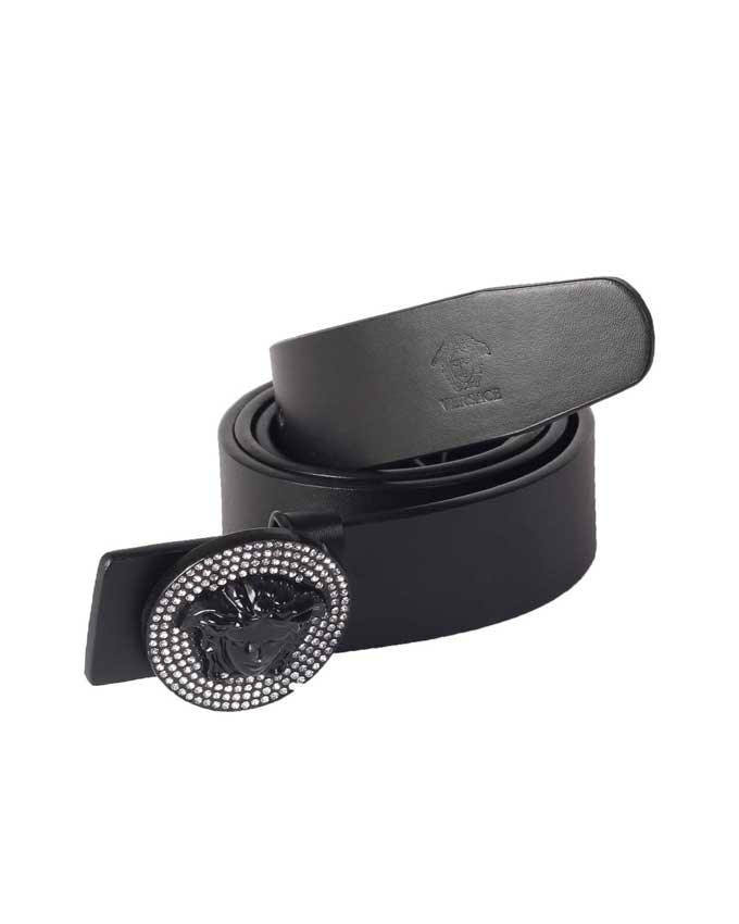 Versace inspired Genuine Leather Unisex Belt Gold Tone Buckle - Black - Obeezi.com