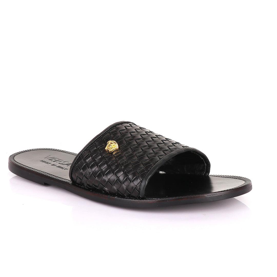 Versace Woven Leather Black Sandals - Obeezi