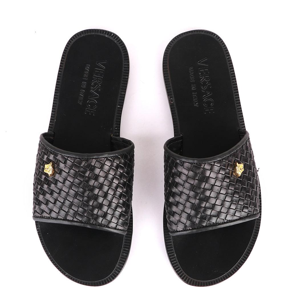 Versace Woven Leather Black Sandals - Obeezi