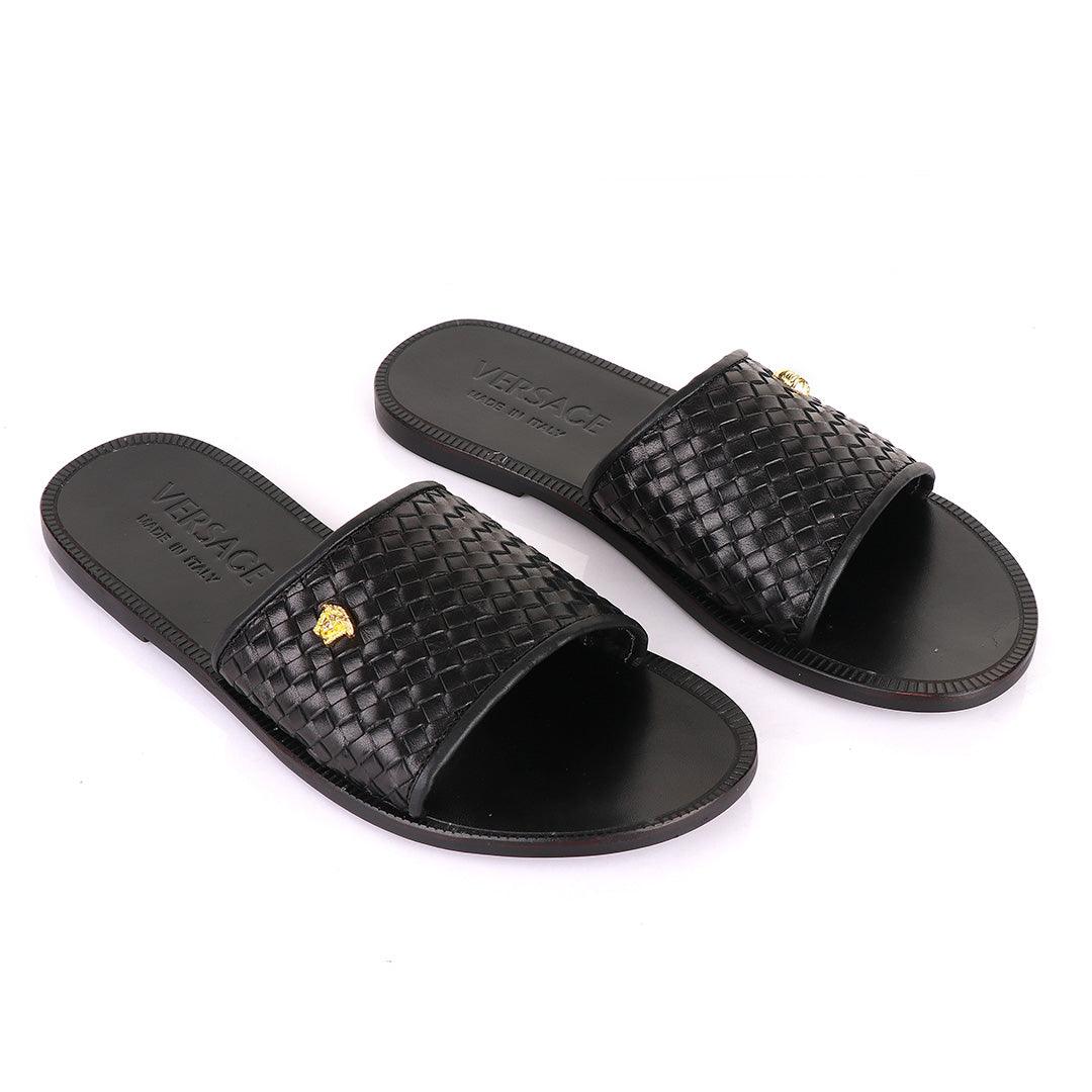 Versace Woven Leather Black Sandals - Obeezi
