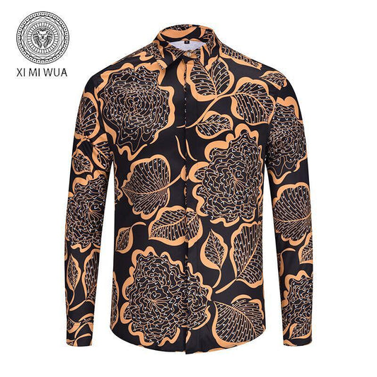 Vintage Floral Dark brown Velvet Long Sleeve Button Down Shirt - Obeezi