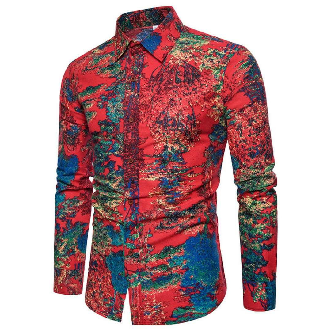 Vintage Linen Casual Men printing long sleeve shirts - Obeezi