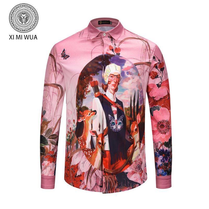 Vintage Printed Button Down Long Sleeve Pink Shirt - Obeezi