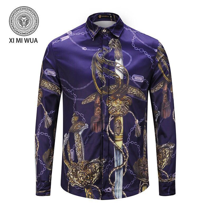 Vintage Printed Button Down Long Sleeve Shirt Blue - Obeezi