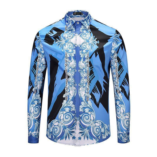 Vintage Printed Button Down Long Sleeve Shirt Blue/White - Obeezi