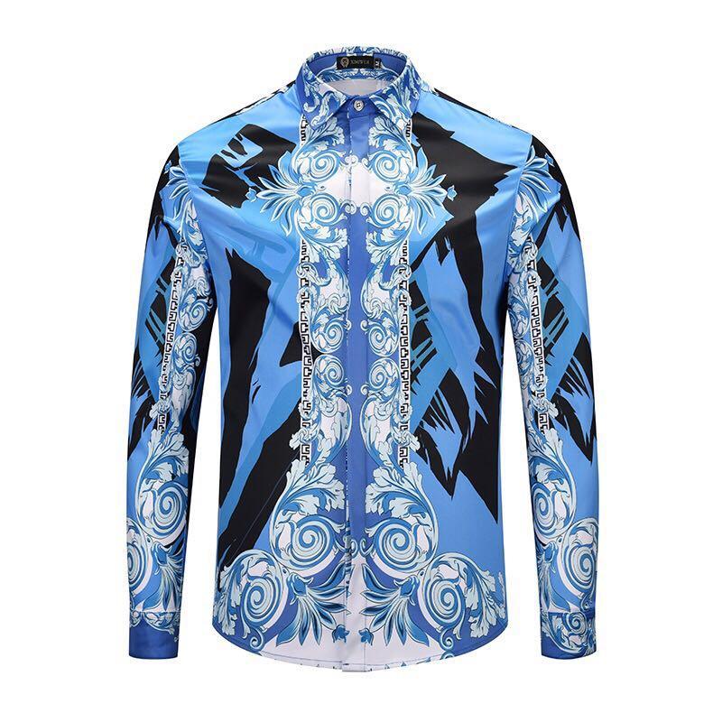 Vintage Printed Button Down Long Sleeve Shirt Blue/White - Obeezi