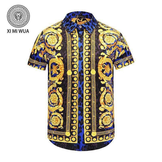 Vintage Skin Print Tiger Fit Blue Yellow short sleeve Shirts - Obeezi
