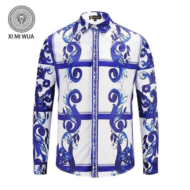 Vintage VE Baroque style silk Blue White shirts - Obeezi