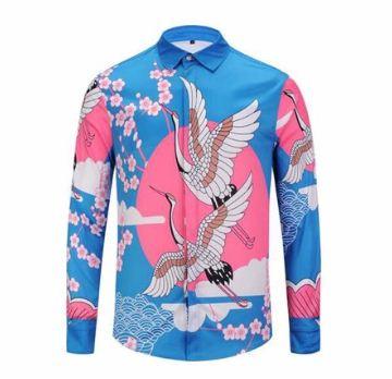 Vintage VE Ivanaa Flight Of The Orient Print Long Sleeve Shirt Blue - Obeezi