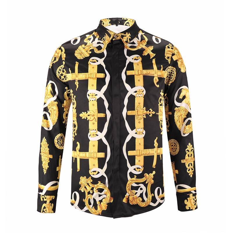Vintage VE Men Barocco Heritage Print Longsleeve Shirt Black and Gold - Obeezi