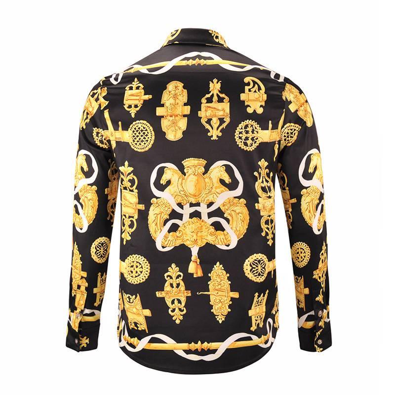 Vintage VE Men Barocco Heritage Print Longsleeve Shirt Black and Gold - Obeezi