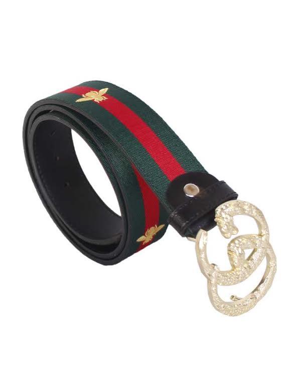 Web Bee Print Interlocking Gold G Buckle Belt Green and Red - Obeezi.com