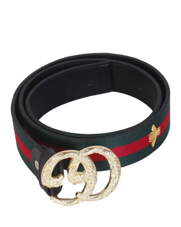 Web Bee Print Interlocking Gold G Buckle Belt Green and Red - Obeezi.com
