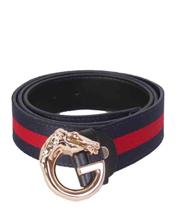 Web Bee With Gold Horse Head Buckle Belt Navyblue and Red Stripe - Obeezi.com