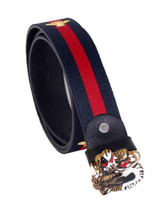 Web Tiger Buckle Belt With Bee Print Navy blue and Red Stripe - Obeezi.com