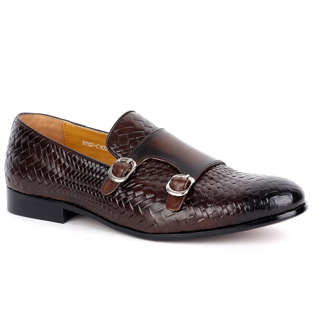 Weston Double Strap Designed Leather Woven Shoe- Coffee - Obeezi.com