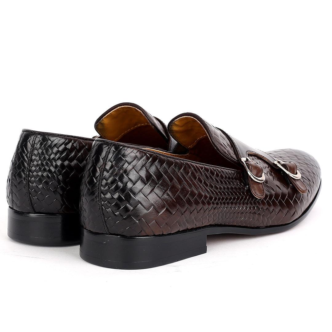 Weston Double Strap Designed Leather Woven Shoe- Coffee - Obeezi.com
