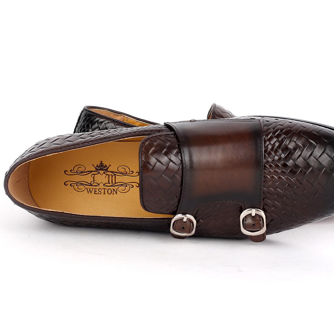Weston Double Strap Designed Leather Woven Shoe- Coffee - Obeezi.com