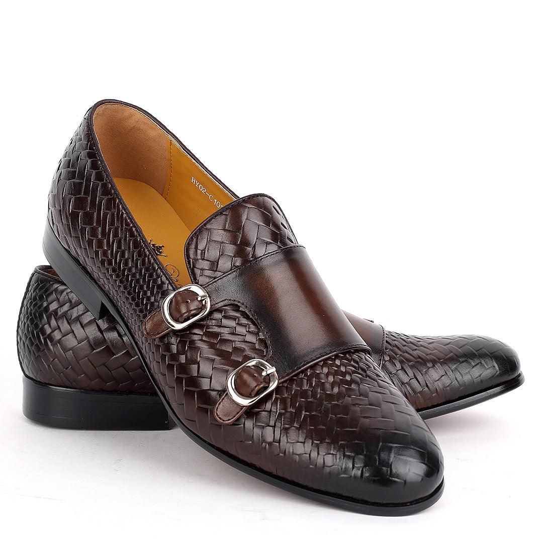 Weston Double Strap Designed Leather Woven Shoe- Coffee - Obeezi.com