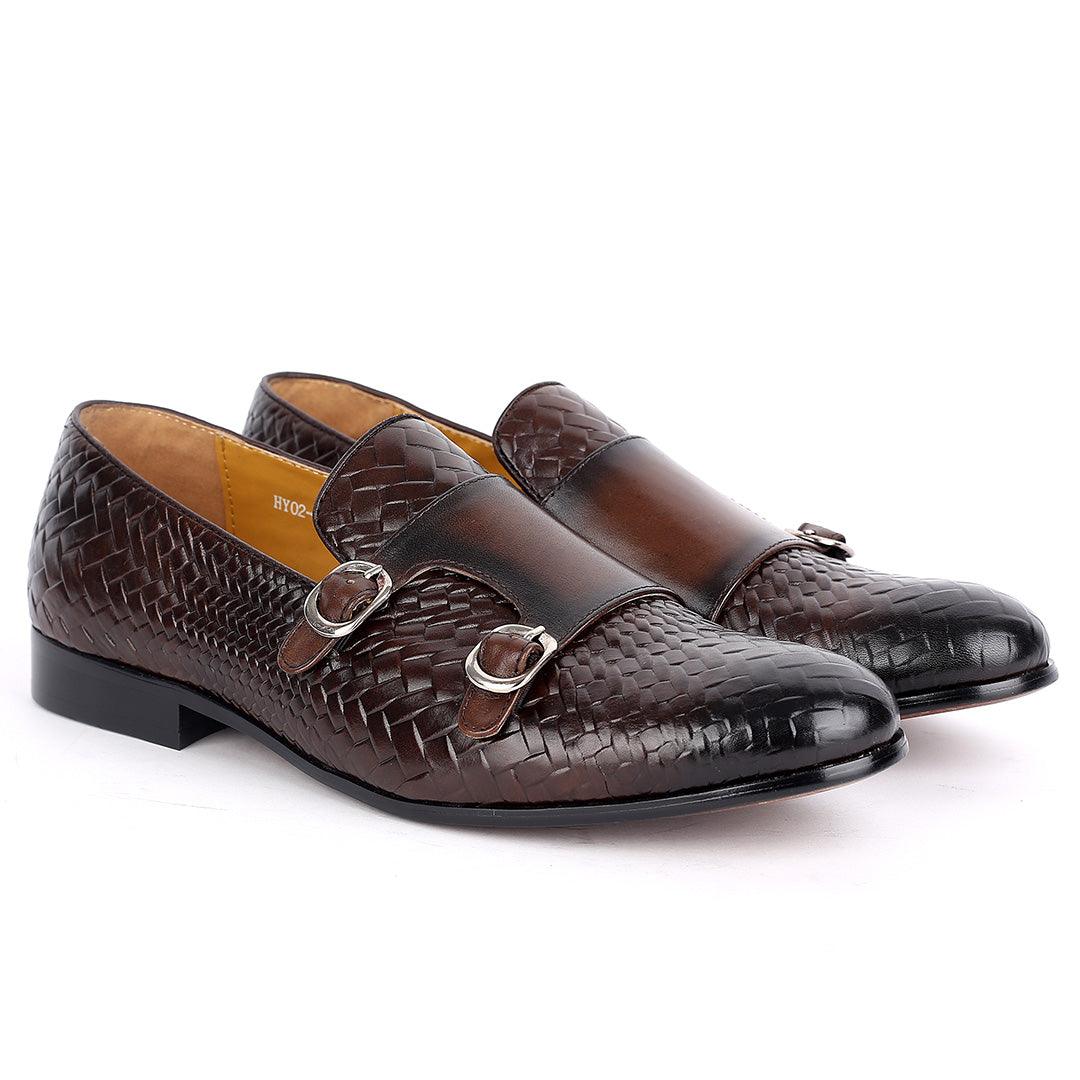 Weston Double Strap Designed Leather Woven Shoe- Coffee - Obeezi.com