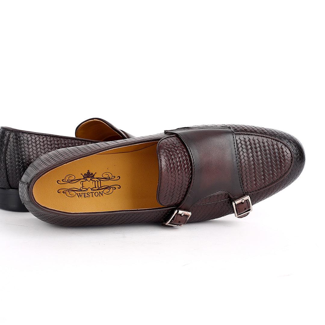 Weston Woven Double Strap Designed Leather Shoe- Coffee - Obeezi.com