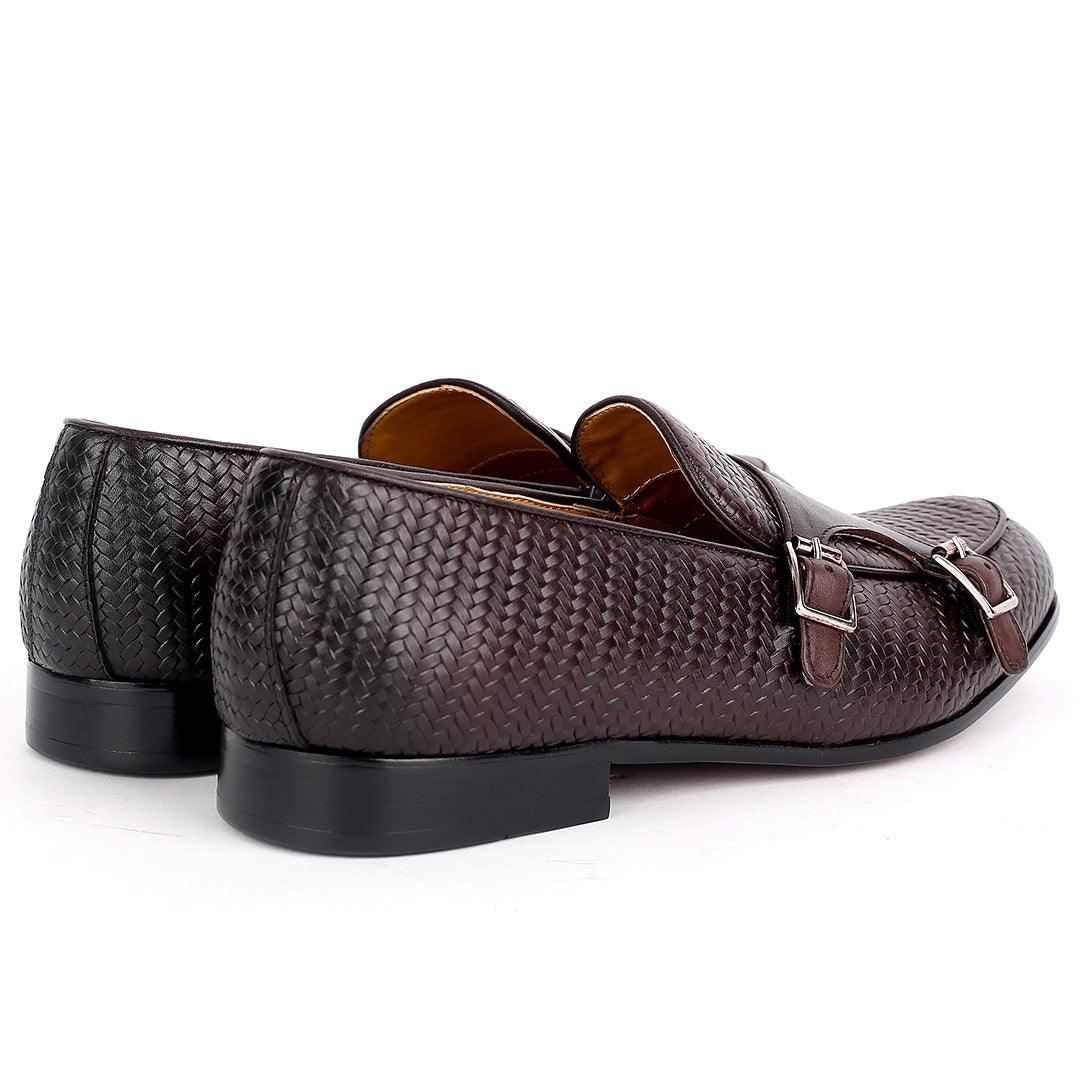 Weston Woven Double Strap Designed Leather Shoe- Coffee - Obeezi.com