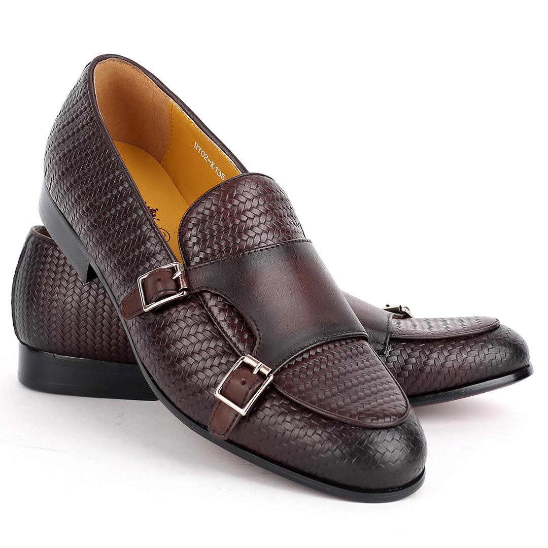 Weston Woven Double Strap Designed Leather Shoe- Coffee - Obeezi.com