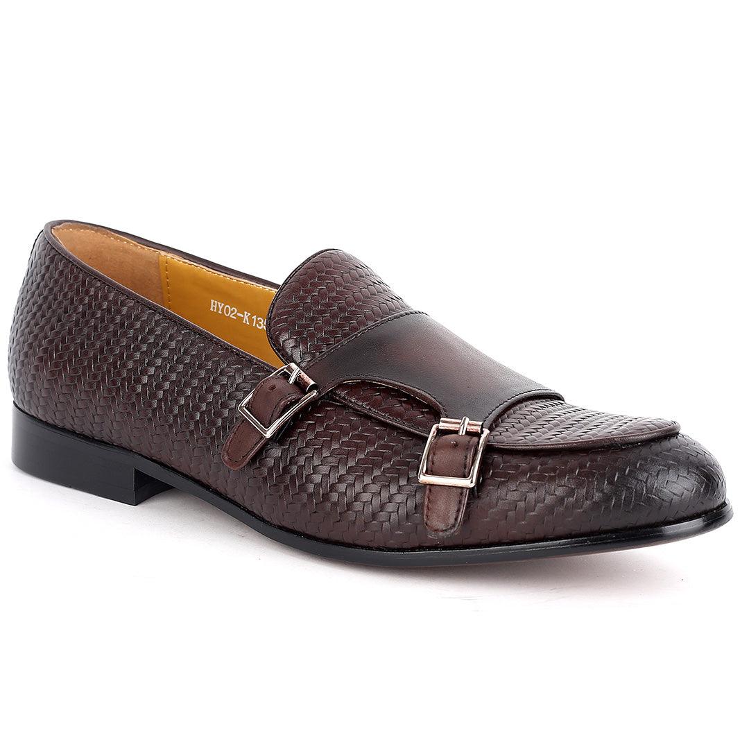 Weston Woven Double Strap Designed Leather Shoe- Coffee - Obeezi.com
