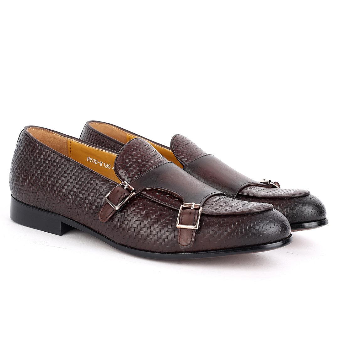 Weston Woven Double Strap Designed Leather Shoe- Coffee - Obeezi.com