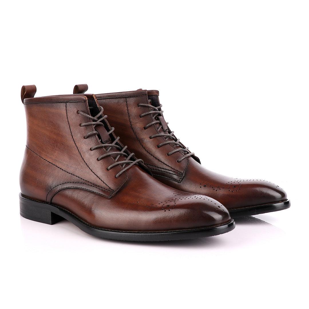 Zara High tops Brogues Lace-up Leather Chelsea Coffee Boot - Obeezi
